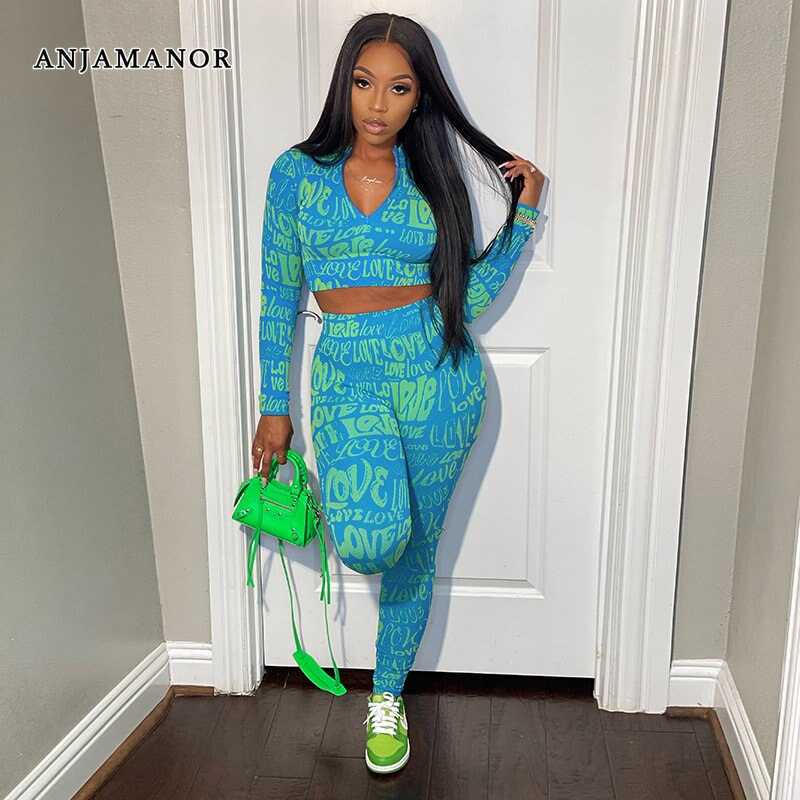 Letter Print Tracksuit Two Piece Set